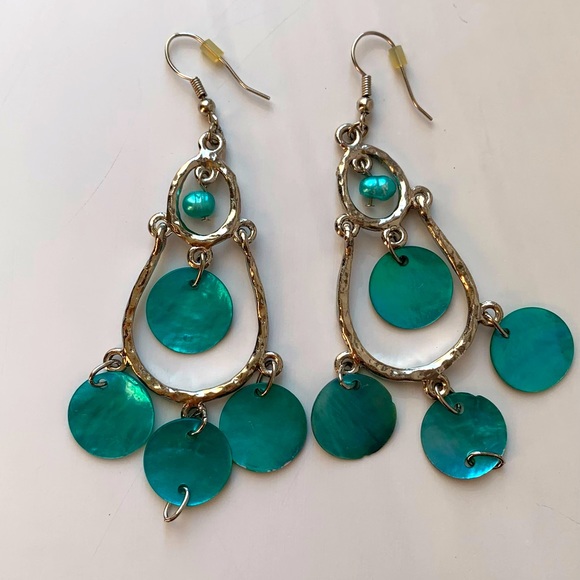 Turquoise shell and silver tone chandelier earrings - Picture 2 of 2
